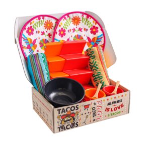 taco tuesday box,the taco kit table set of 11 items for your taco tuesday,tortilla warmers, taco holders, salsa bowls, all you need to setup your taco night table for 2 persons in one box