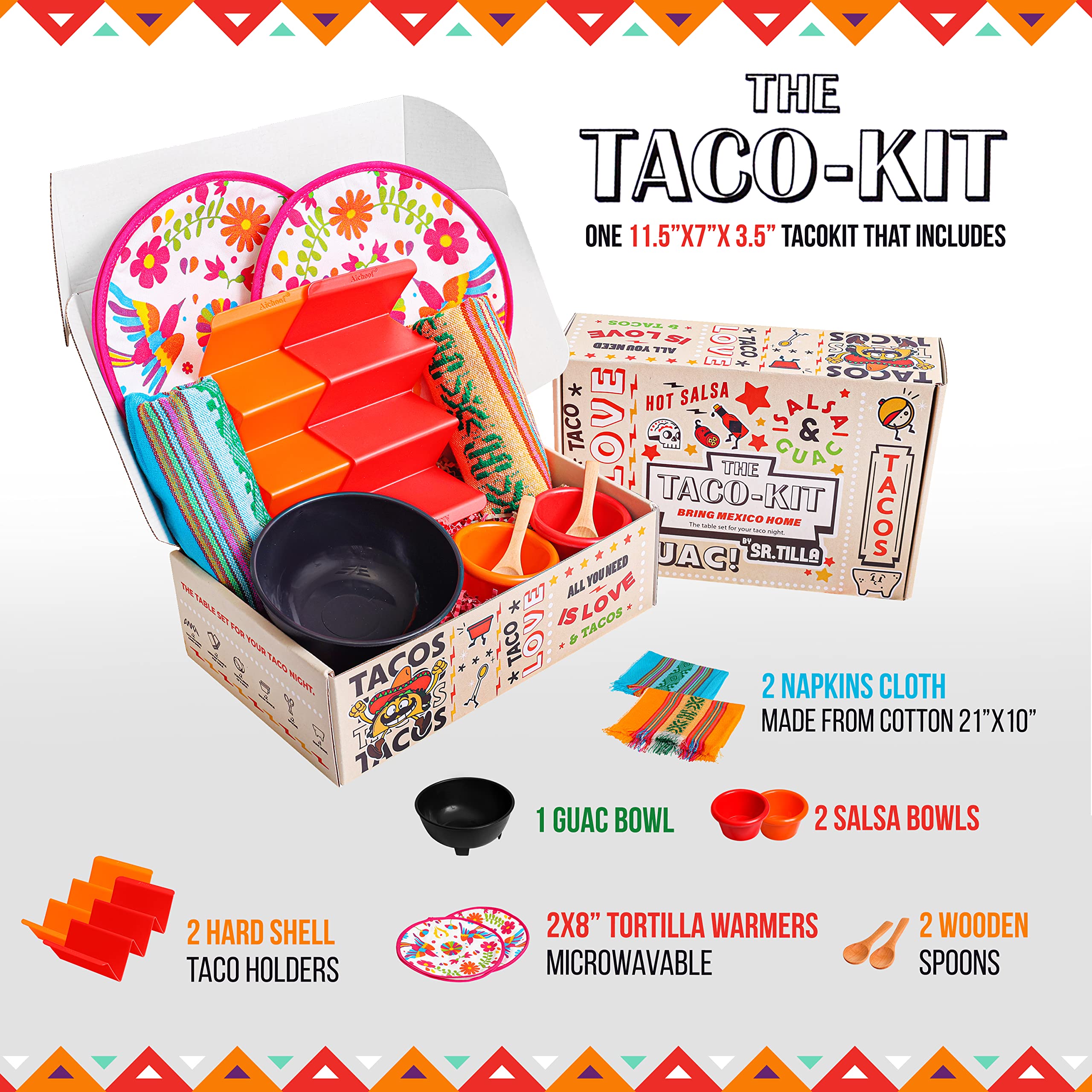 Taco Tuesday Box,The Taco kit table Set of 11 items for your Taco Tuesday,tortilla warmers, Taco Holders, Salsa Bowls, all you need to setup your taco night table for 2 persons in one Box