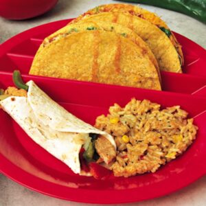 Taco Mex Taco Plate, Reusable, Round, Preparation and Serving Plate, for Soft and Hard Shell Tacos, 10.75 inch Plastic, Uber Look and Quality, Microwave Safe, 4 Pack Set, Red