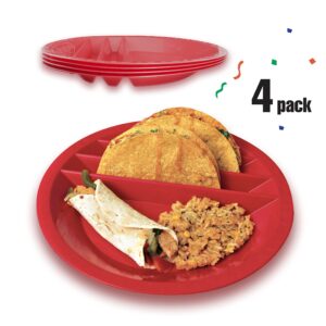 Taco Mex Taco Plate, Reusable, Round, Preparation and Serving Plate, for Soft and Hard Shell Tacos, 10.75 inch Plastic, Uber Look and Quality, Microwave Safe, 4 Pack Set, Red