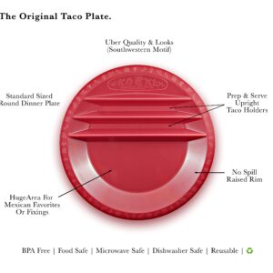 Taco Mex Taco Plate, Reusable, Round, Preparation and Serving Plate, for Soft and Hard Shell Tacos, 10.75 inch Plastic, Uber Look and Quality, Microwave Safe, 4 Pack Set, Red