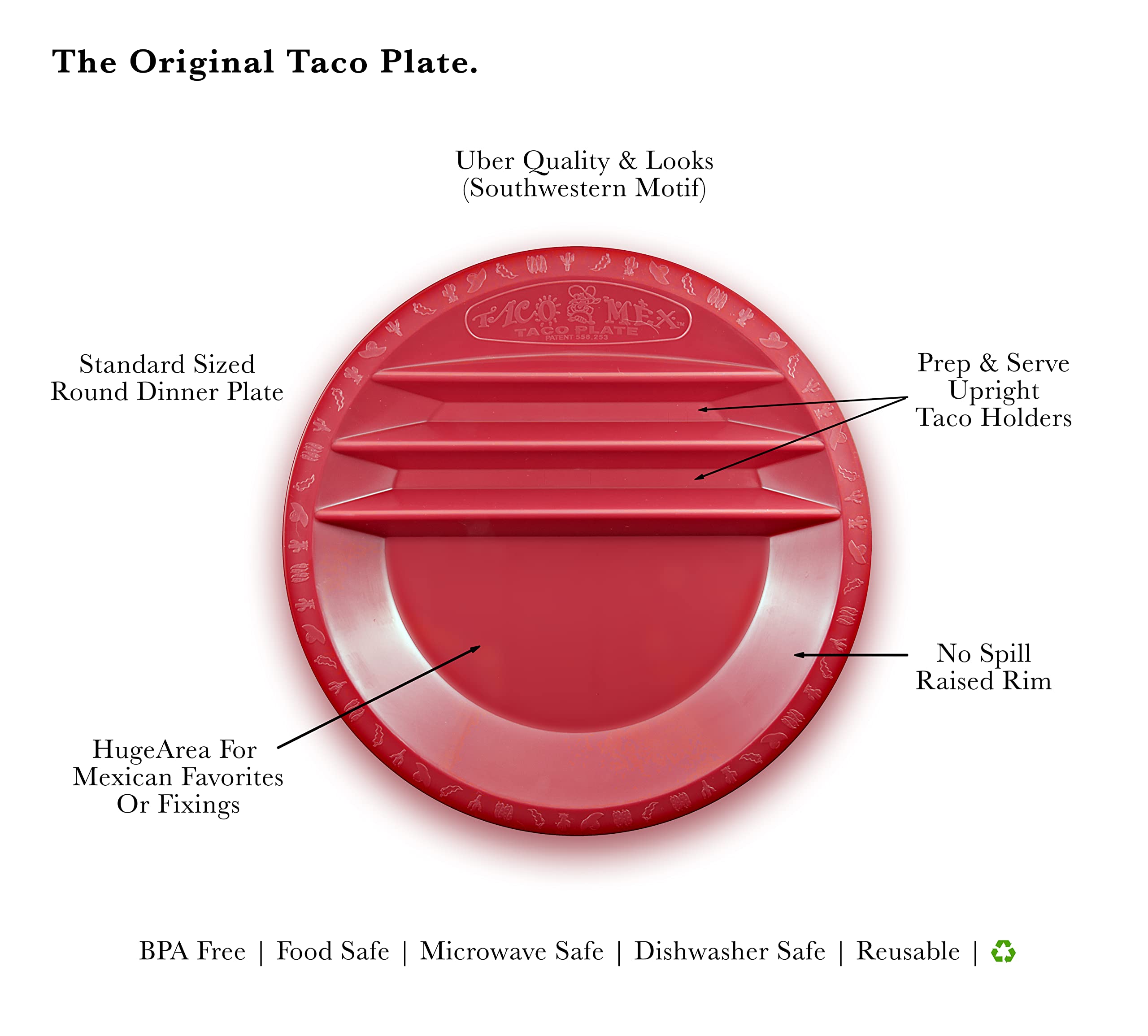 Taco Mex Taco Plate, Reusable, Round, Preparation and Serving Plate, for Soft and Hard Shell Tacos, 10.75 inch Plastic, Uber Look and Quality, Microwave Safe, 4 Pack Set, Red