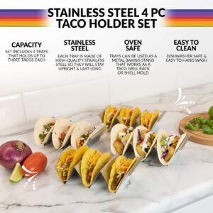 Nostalgia Taco Tuesday Stainless Steel 4-Piece Taco Holder Tray Set, Holds Up to 12 Shells, Dishwasher, Oven and Grill Safe, Use As Baking Rack