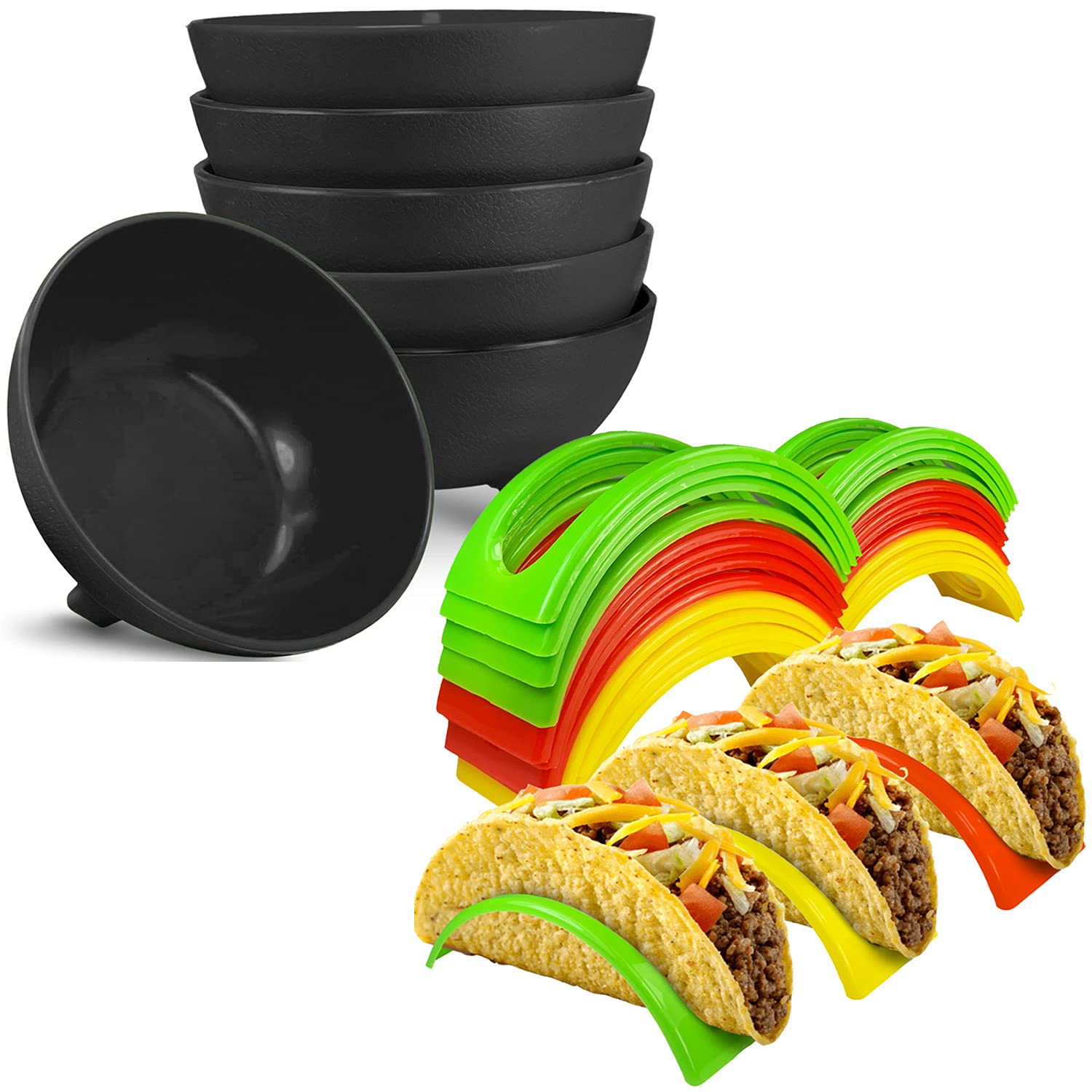 KSEV Salsa Bowls 5" Diameter (Black - 6 Packs) and Non-toxic BPA Free Taco Holder Stand (24 Packs) Combo Best Use For Taco Tuesday, Party Serving and Home Event