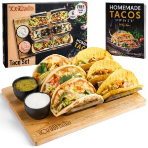 tortillada - taco holders set of 2 / taco holder stainless steel with wooden serving tray incl. 2 ceramic dip bowls + recipe book