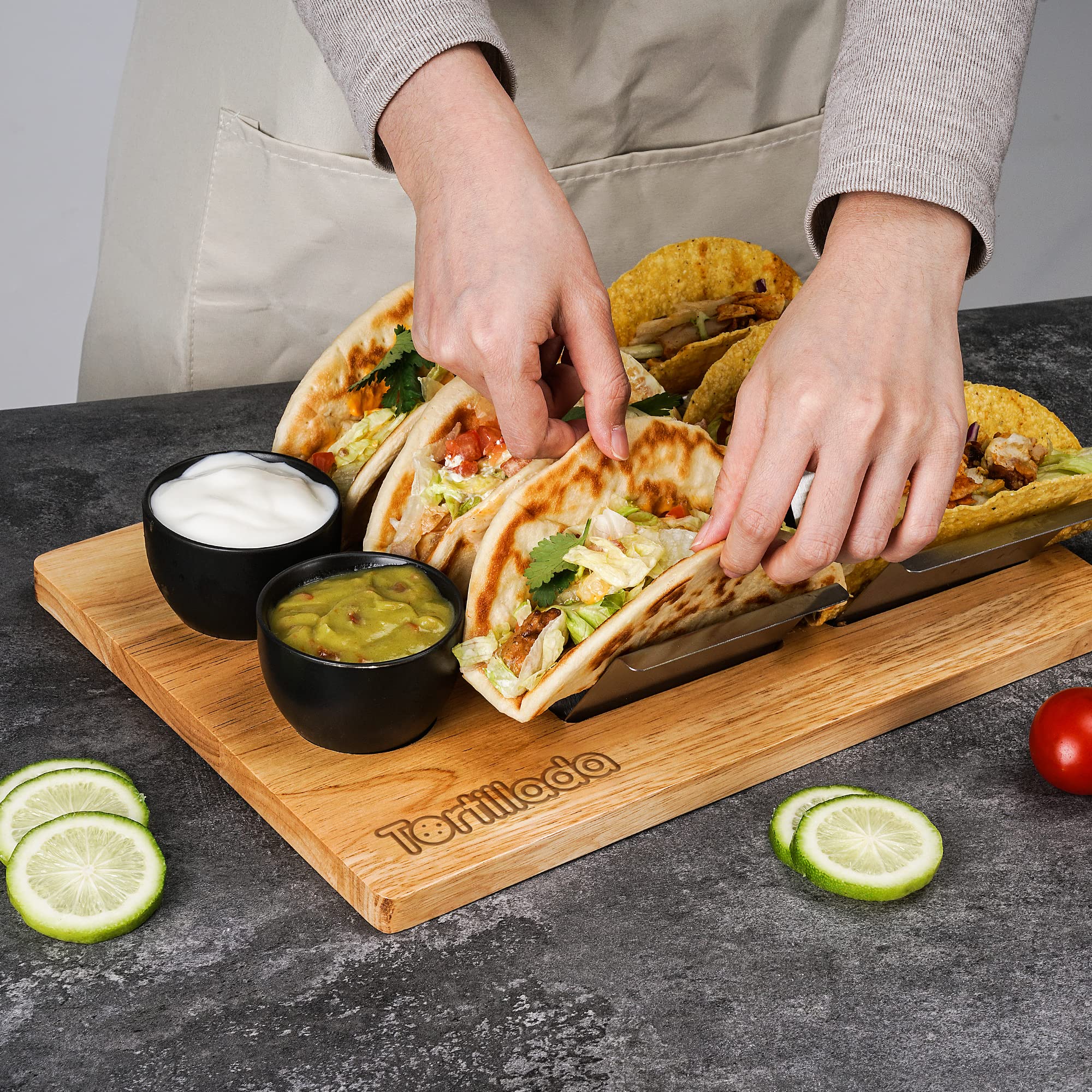 Tortillada - Taco Holders Set of 2 / Taco Holder Stainless Steel with Wooden Serving Tray incl. 2 Ceramic Dip Bowls + Recipe Book