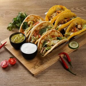 Tortillada - Taco Holders Set of 2 / Taco Holder Stainless Steel with Wooden Serving Tray incl. 2 Ceramic Dip Bowls + Recipe Book