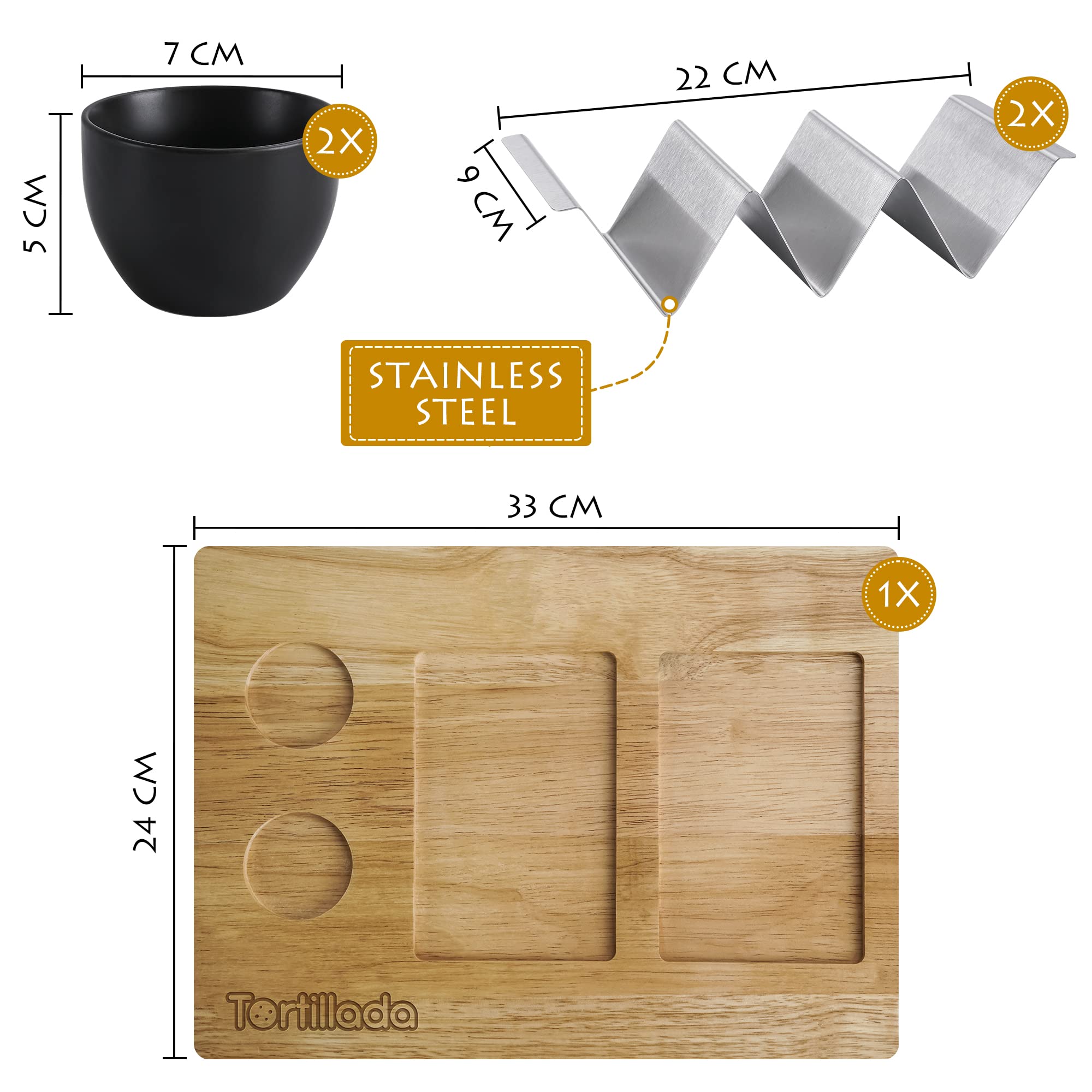 Tortillada - Taco Holders Set of 2 / Taco Holder Stainless Steel with Wooden Serving Tray incl. 2 Ceramic Dip Bowls + Recipe Book