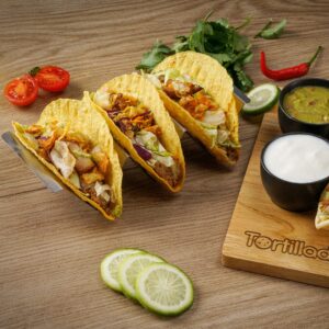 Tortillada - Taco Holders Set of 2 / Taco Holder Stainless Steel with Wooden Serving Tray incl. 2 Ceramic Dip Bowls + Recipe Book