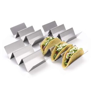 taco holder stainless steel set of 4,taco stand up holders for soft & hard shell tacos,oven, grill and dishwasher safe,perfect for taco tuesday,mexican fiesta, cinco de mayo parties.