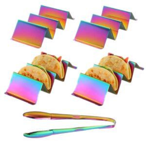 qiboorun taco holder stand set of 4 with 1 food tong - stainless steel taco stand rack tray style, oven safe for baking, dishwasher and grill safe -rainbow color