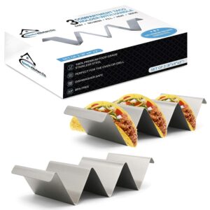 2 pack taco holder stand with handles - stainless steel 4”x8” taco rack holds up to 3 tacos each, oven, grill and dishwasher safe, easy to fill, great presentation on plate