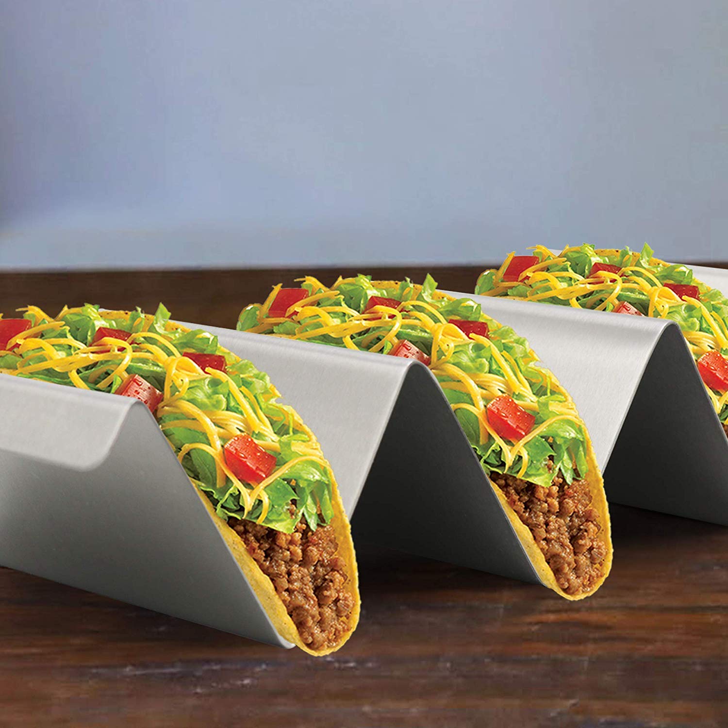 2 Pack Taco Holder Stand with Handles - Stainless Steel 4”x8” Taco Rack Holds up to 3 Tacos Each, Oven, Grill and Dishwasher Safe, Easy to Fill, Great Presentation on Plate