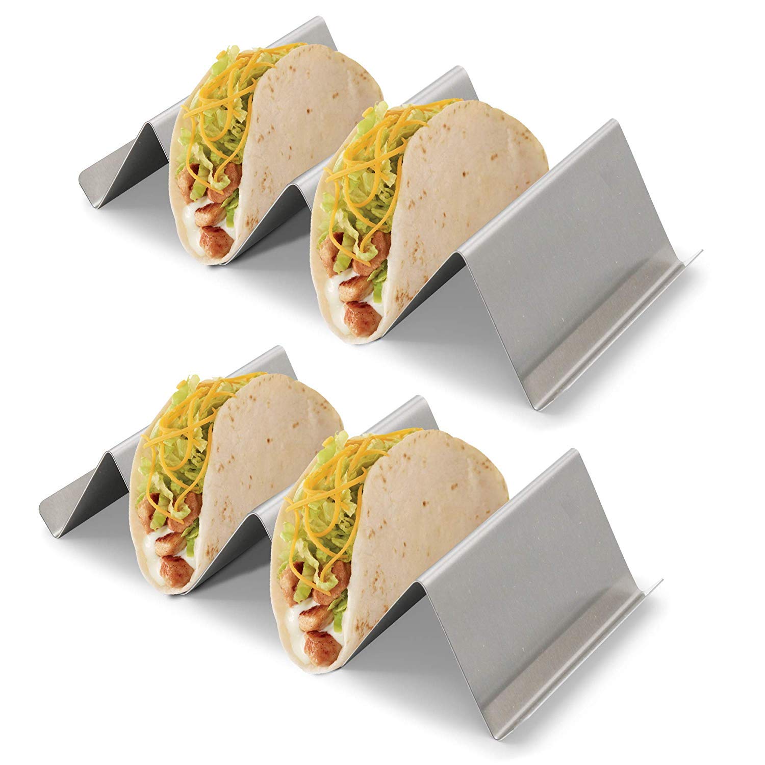 2 Pack Taco Holder Stand with Handles - Stainless Steel 4”x8” Taco Rack Holds up to 3 Tacos Each, Oven, Grill and Dishwasher Safe, Easy to Fill, Great Presentation on Plate