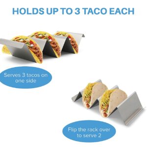 2 Pack Taco Holder Stand with Handles - Stainless Steel 4”x8” Taco Rack Holds up to 3 Tacos Each, Oven, Grill and Dishwasher Safe, Easy to Fill, Great Presentation on Plate