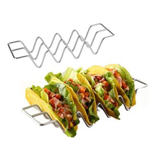 premium taco holders,2 pack stainless steel taco stands,taco tray plates for taco bar gifts accessories,holds 4 tacos each,oven safe for baking, dishwa sher and grill safe
