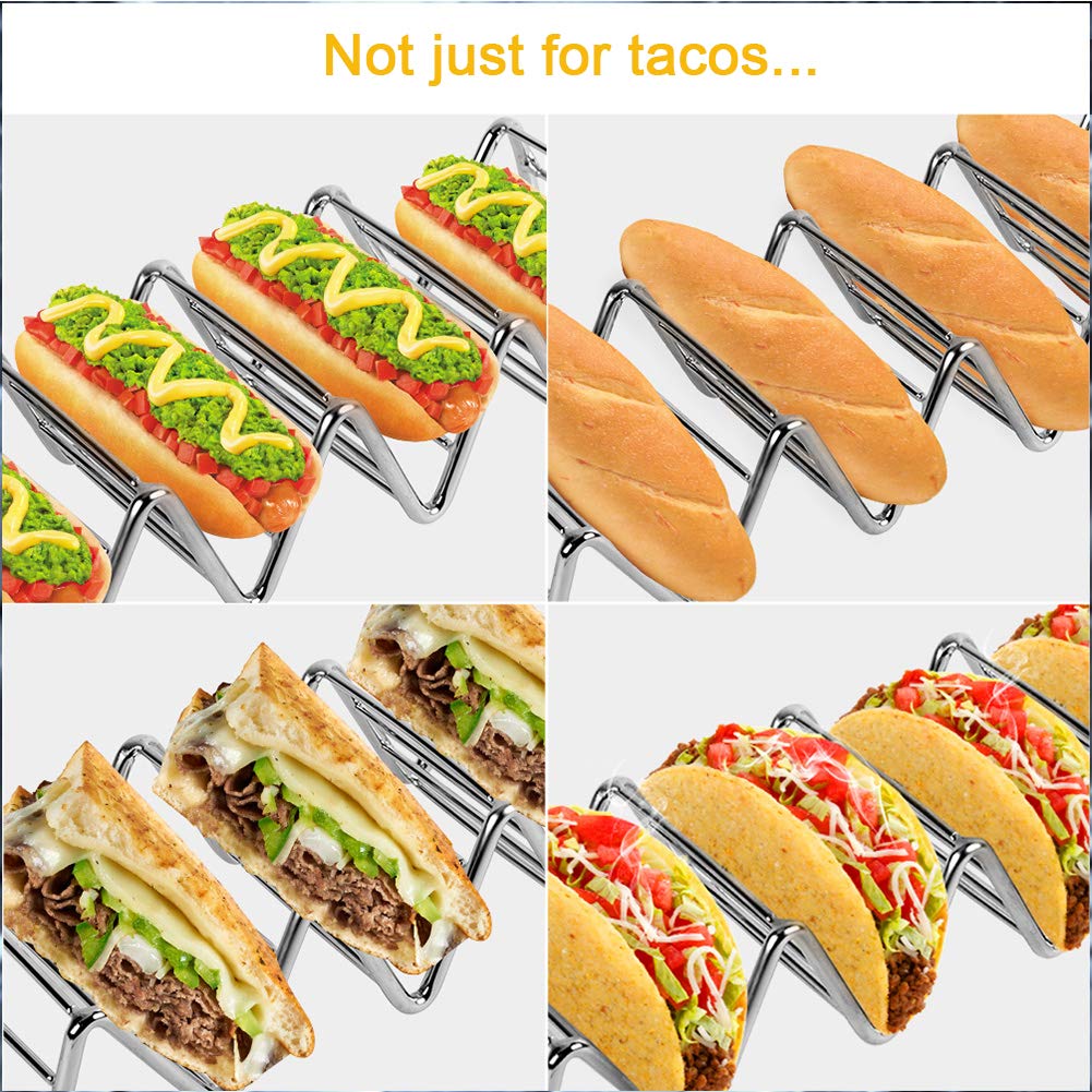 Taco Holders Stainless Steel Set Of 2 Holds Up To 8-10 Tacos, Anti-Slip Taco Shell Holders Stand Up Tray Holder Stand Dishwasher Safe With Silicone Protective Tips for Hard or Soft Shells