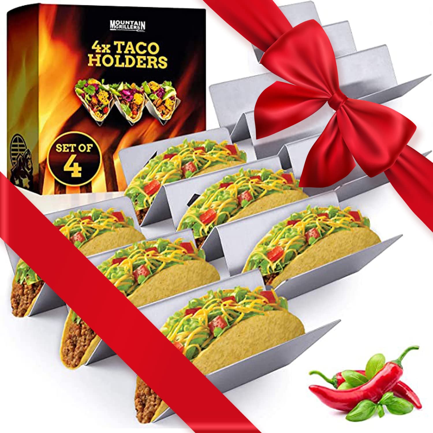 MOUNTAIN GRILLERS Taco Holders Stainless Steel Set of 4 - Reversible Tortilla Holder Tray Can Hold 2 or 3 Shells - Taco Tuesday Makes Prep a Breeze, No Mess - Dishwasher Safe