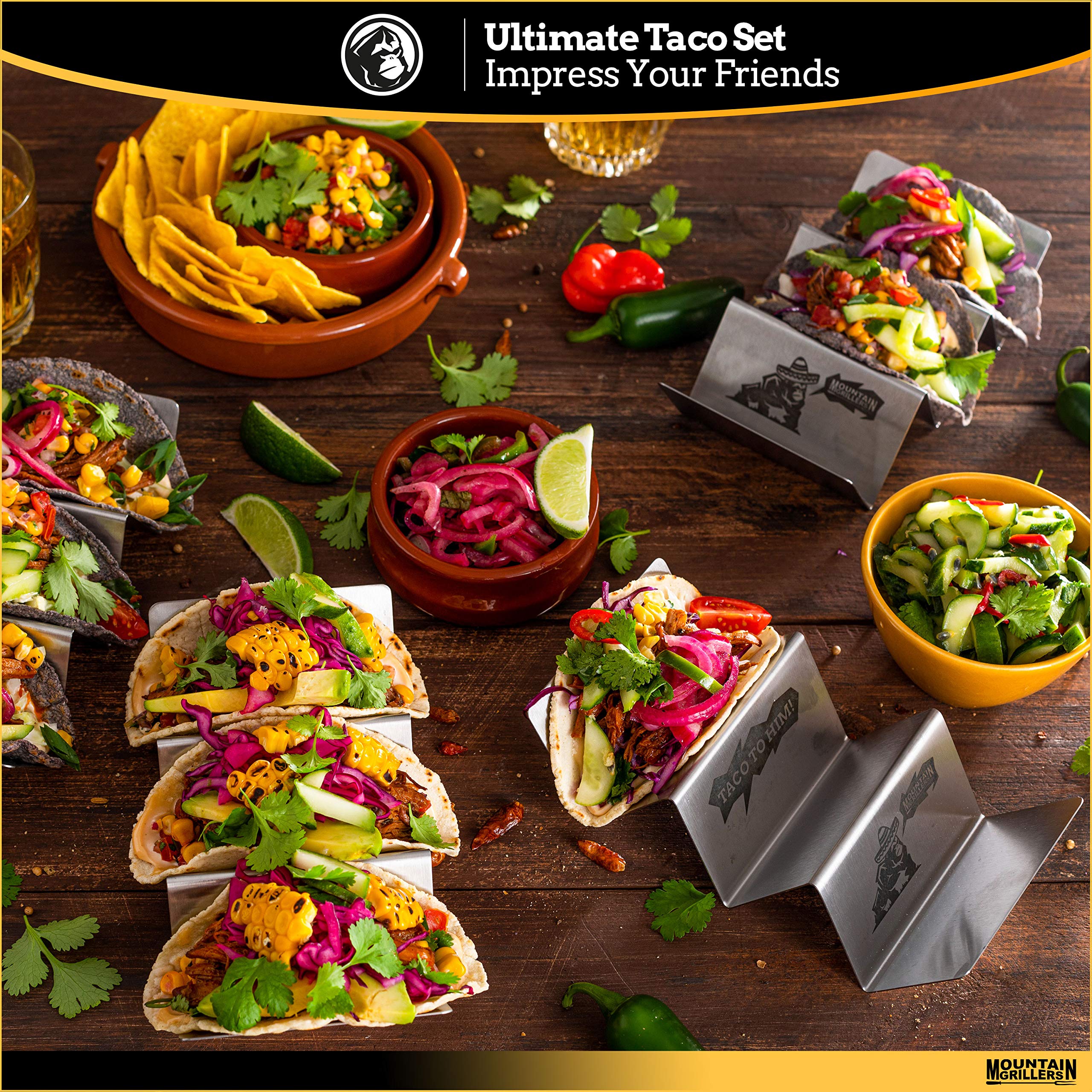 MOUNTAIN GRILLERS Taco Holders Stainless Steel Set of 4 - Reversible Tortilla Holder Tray Can Hold 2 or 3 Shells - Taco Tuesday Makes Prep a Breeze, No Mess - Dishwasher Safe