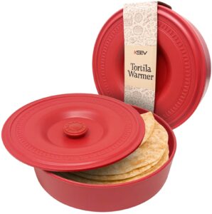 ksev tortilla warmer insulated container with lid (8.5" x 2.5"-inch), bpa free microwave & dishwasher safe tortilla holder server box for tortilla, flour taco, chapati, flat breads (1 pack - red)