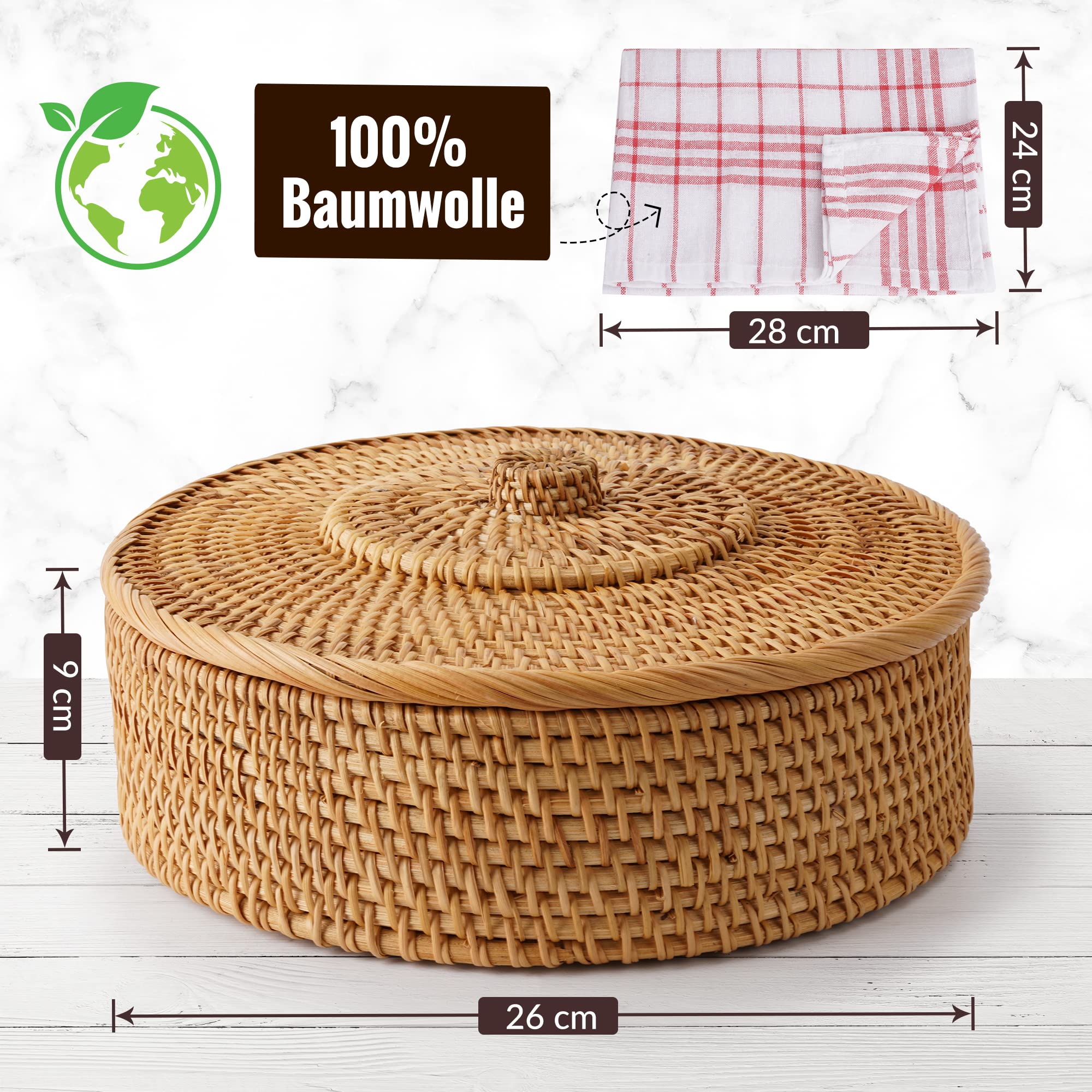 Tortillada - 10 Inches Tortilla Warmer/handcrafted basket made of rattan incl. 100% cotton towel