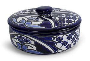 festmex genuine mexican talavera hand painted tortillero ceramic tortilla warmer bowl with lid handmade in mexico by artisans (blue)