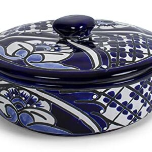 FESTMEX Genuine Mexican Talavera Hand Painted Tortillero Ceramic Tortilla warmer bowl with lid Handmade in Mexico by Artisans (Blue)