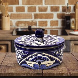 FESTMEX Genuine Mexican Talavera Hand Painted Tortillero Ceramic Tortilla warmer bowl with lid Handmade in Mexico by Artisans (Blue)