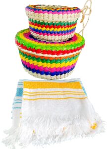 handwoven palm baskets & tortilla cloths by jacq & jürgen - 2 pack multicolor m and l sizes mexican retro 100% palm tortilleros bundle