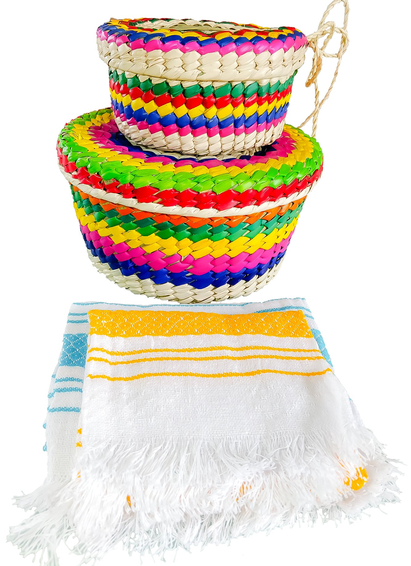 Handwoven Palm Baskets & Tortilla Cloths by Jacq & Jürgen - 2 Pack Multicolor M and L Sizes Mexican Retro 100% Palm Tortilleros Bundle