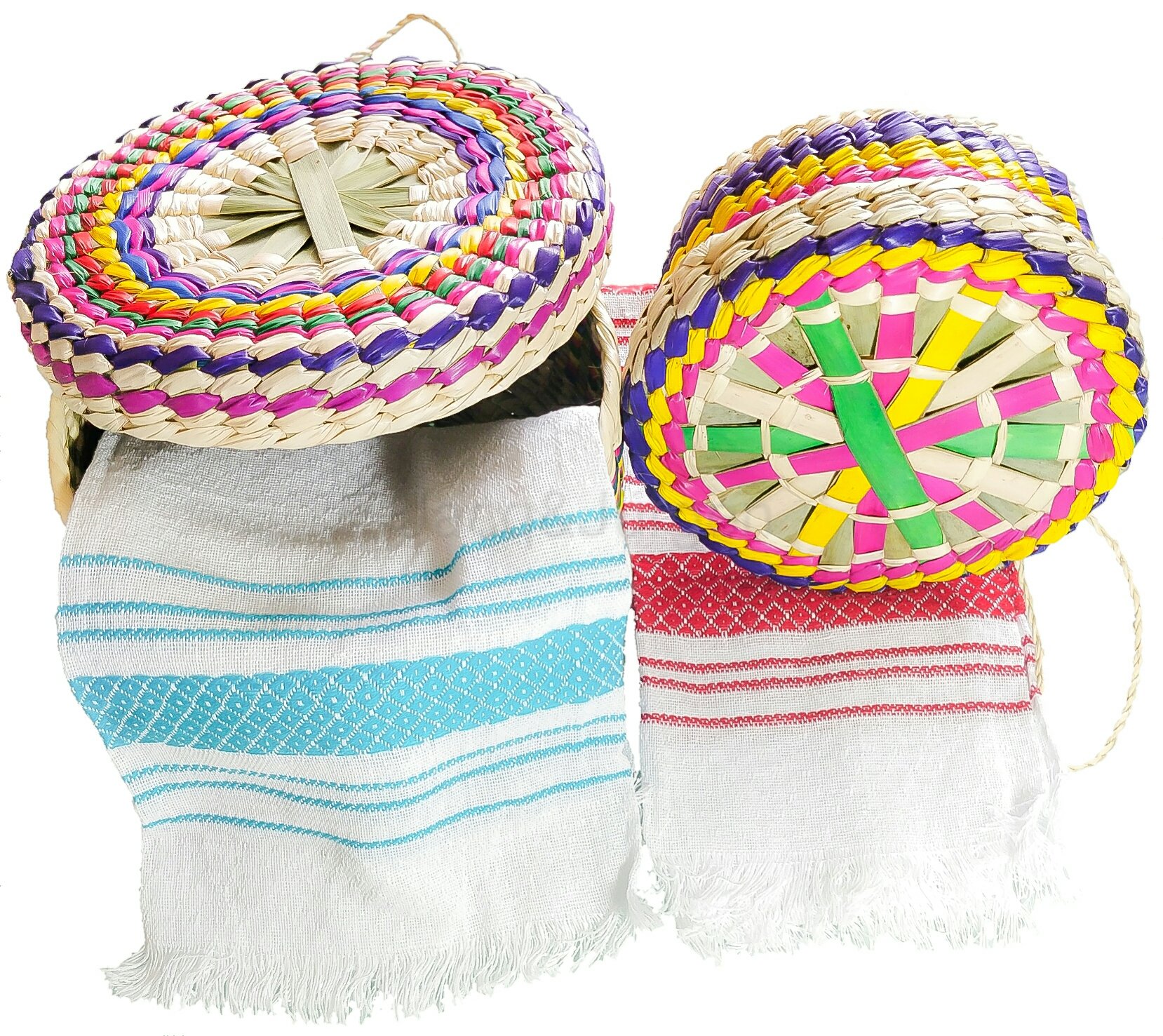 Handwoven Palm Baskets & Tortilla Cloths by Jacq & Jürgen - 2 Pack Multicolor M and L Sizes Mexican Retro 100% Palm Tortilleros Bundle