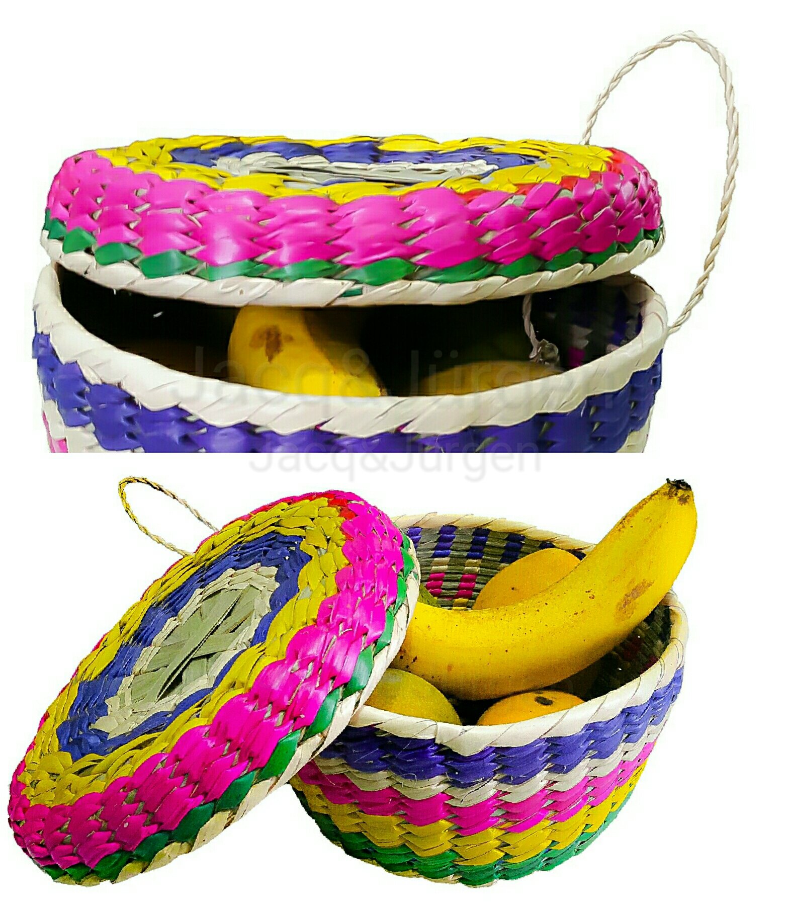 Handwoven Palm Baskets & Tortilla Cloths by Jacq & Jürgen - 2 Pack Multicolor M and L Sizes Mexican Retro 100% Palm Tortilleros Bundle