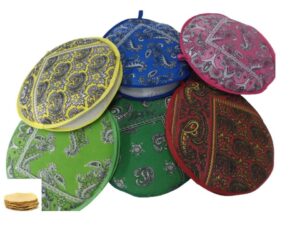 tortilla warmer microwave safe / microwaveable container round 8in with bandana-like desing, two layers, this container will keep your tortillas warm/ mexican tortillas warmer