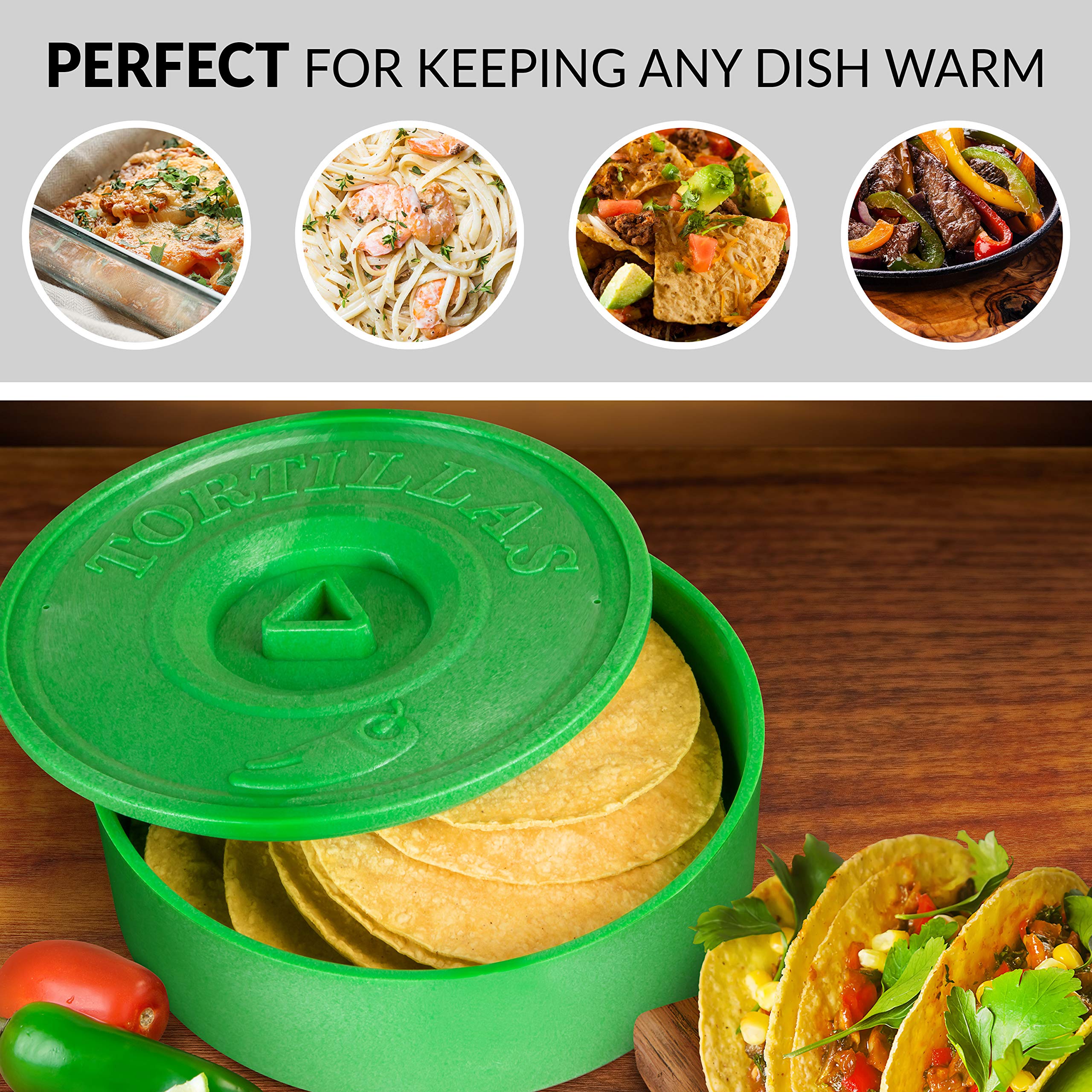 Taco Tuesday 8-Inch Tortilla Warmer, Perfect for Pitas, Flat Breads, Pancakes, Waffles, Microwave Safe, Green