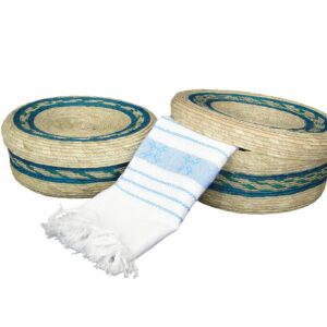 2 pack Mexican handmade palm baskets with lid and 1 woven napkin cloth (servilleta mexicana) 100% cotton Eco Friendly Mexican tortilla warmer (tortillero) for party fiesta decoration (Blue)