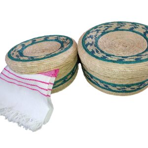 2 pack Mexican handmade palm baskets with lid and 1 woven napkin cloth (servilleta mexicana) 100% cotton Eco Friendly Mexican tortilla warmer (tortillero) for party fiesta decoration (Blue)