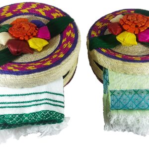 Handwoven Basket & Tortilla Cloths by Jacq & Jürgen - 2 Pack Natural Medium and Large Floral Bundle – 100% Palm Mexican Art