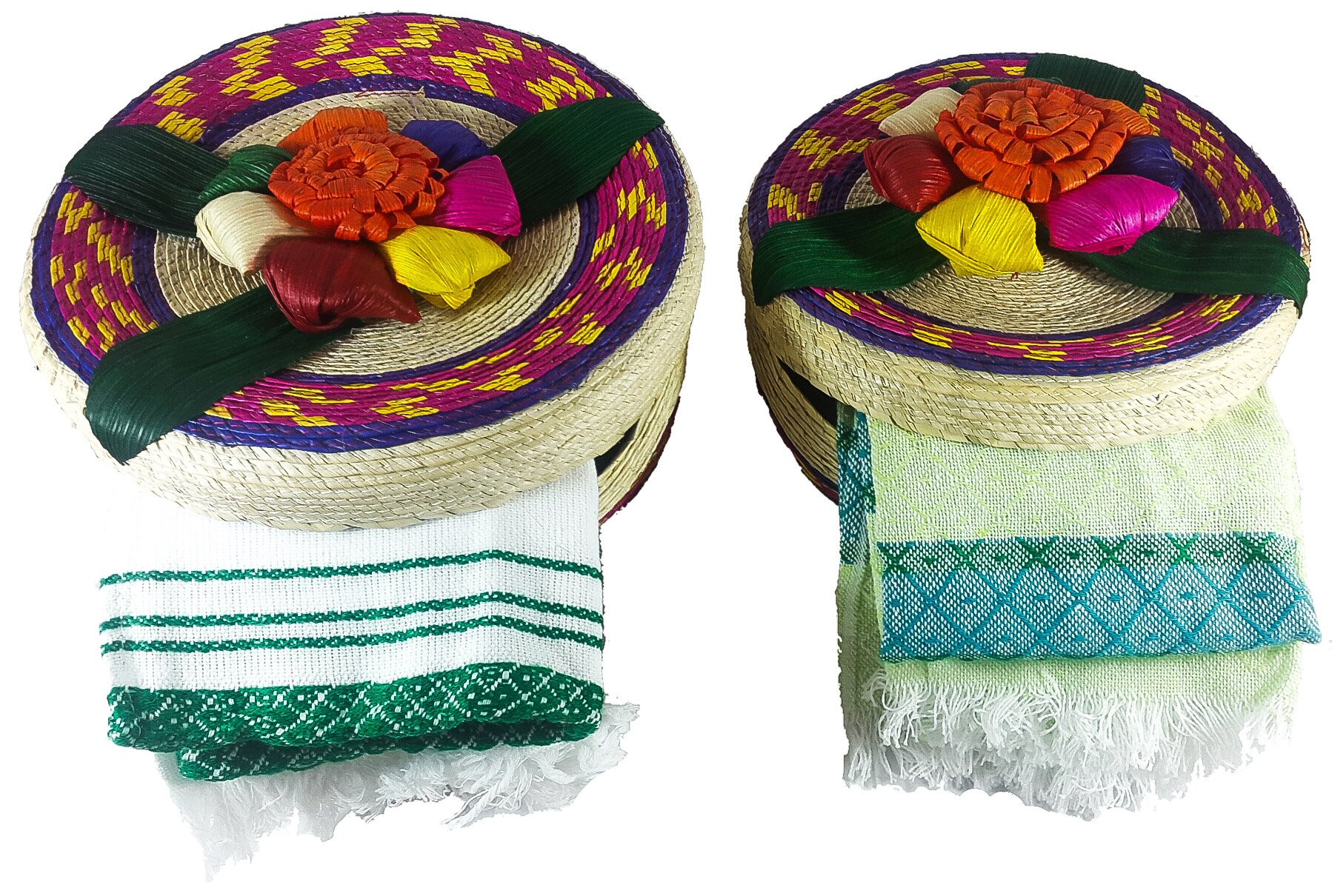 Handwoven Basket & Tortilla Cloths by Jacq & Jürgen - 2 Pack Natural Medium and Large Floral Bundle – 100% Palm Mexican Art