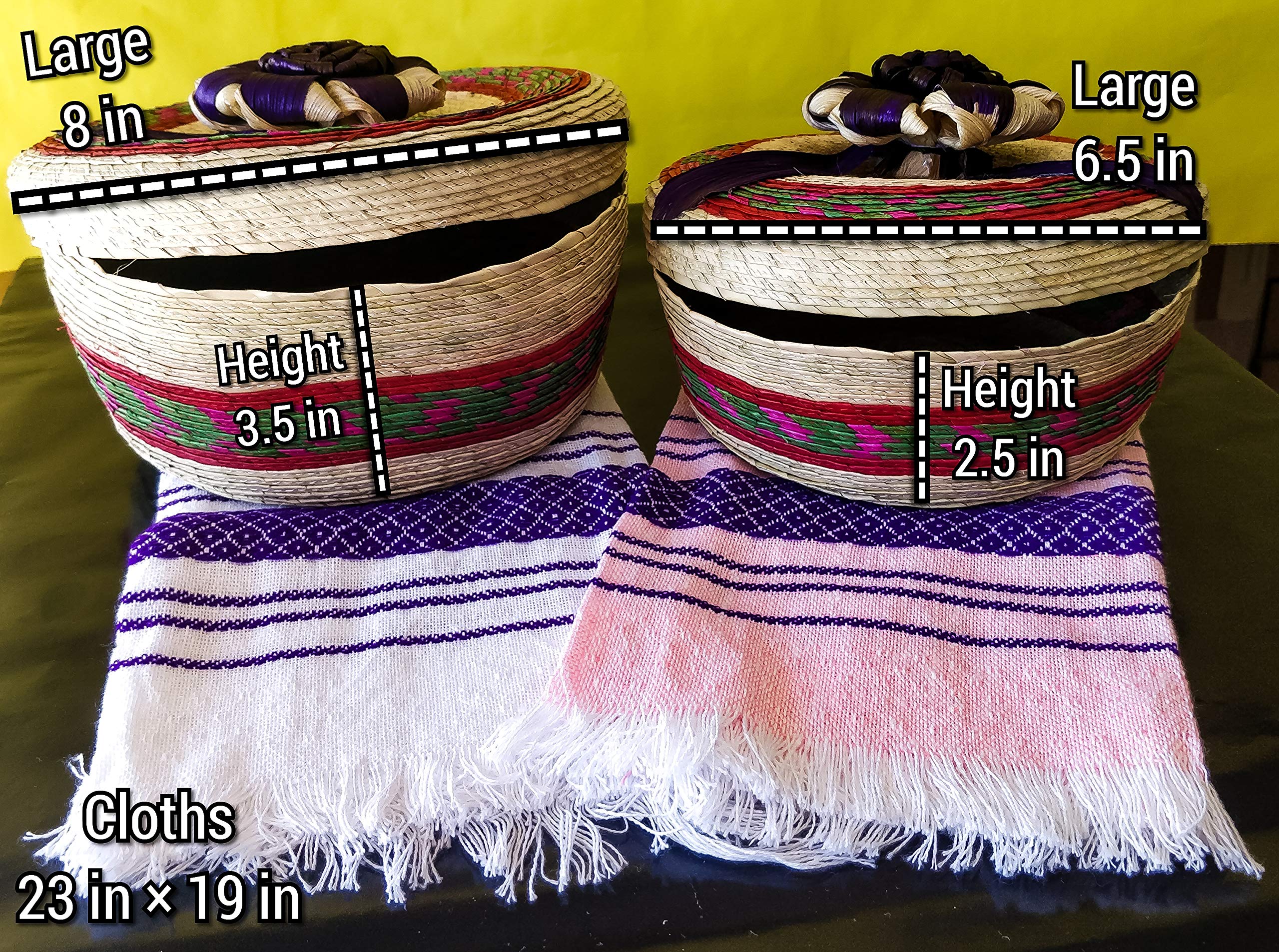 Handwoven Basket & Tortilla Cloths by Jacq & Jürgen - 2 Pack Natural Medium and Large Floral Bundle – 100% Palm Mexican Art