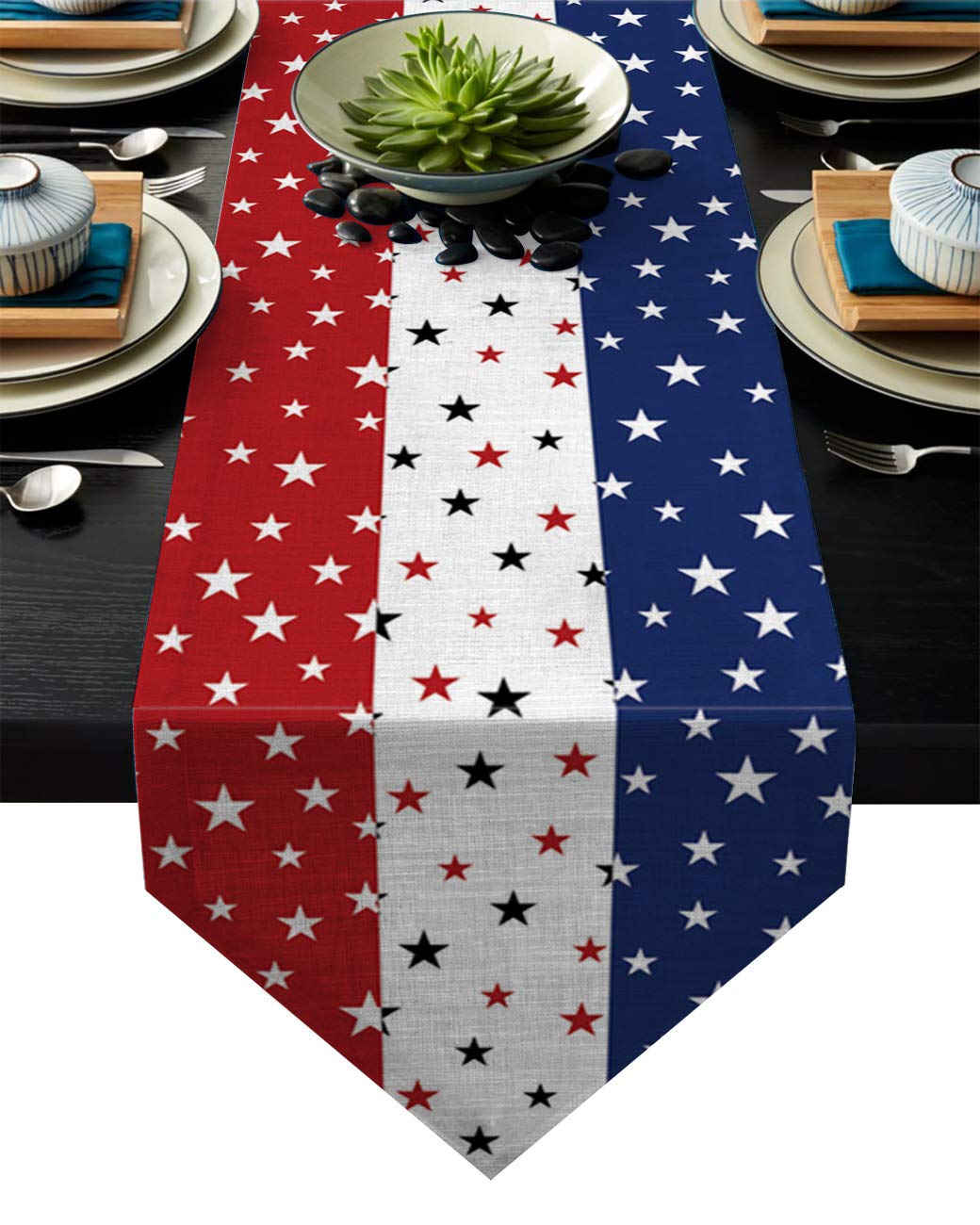 Independence Day Table Runner with Cotton Linen Blend,July 4th Red White Blue Table Top Covers Table Runner Decorations for Indoor Outdoor Party Holiday Wedding Dining Table-13 x 70inch Long