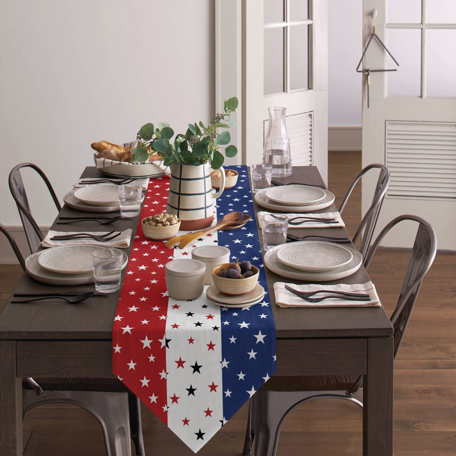 Independence Day Table Runner with Cotton Linen Blend,July 4th Red White Blue Table Top Covers Table Runner Decorations for Indoor Outdoor Party Holiday Wedding Dining Table-13 x 70inch Long