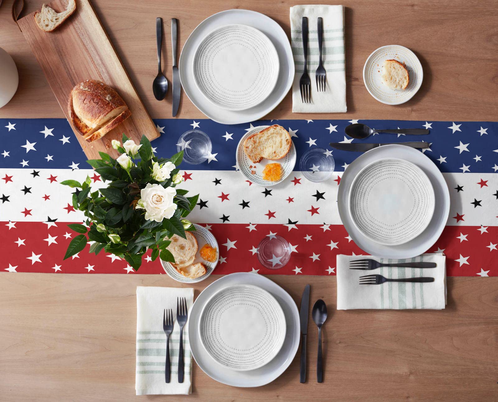 Independence Day Table Runner with Cotton Linen Blend,July 4th Red White Blue Table Top Covers Table Runner Decorations for Indoor Outdoor Party Holiday Wedding Dining Table-13 x 70inch Long