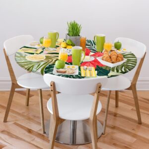 Round Tablecloth Fitted Table Cloth with Elastic Edge for Round Table, Flower Palm Leaf Circular Table Cover Waterproof Wipeable Table Linen, Fits Tables up to 36" - 42" Diameter