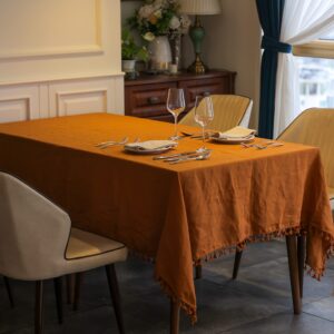 dumlanrick linen table cloth with tassel - 100% pure linen 60x84 inch caramel tablecloth, washable table cover for kitchen dining rectangle tables decoration