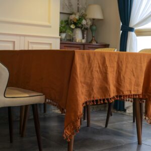 Dumlanrick Linen Table Cloth with Tassel - 100% Pure Linen 60x84 Inch Caramel Tablecloth, Washable Table Cover for Kitchen Dining Rectangle Tables Decoration