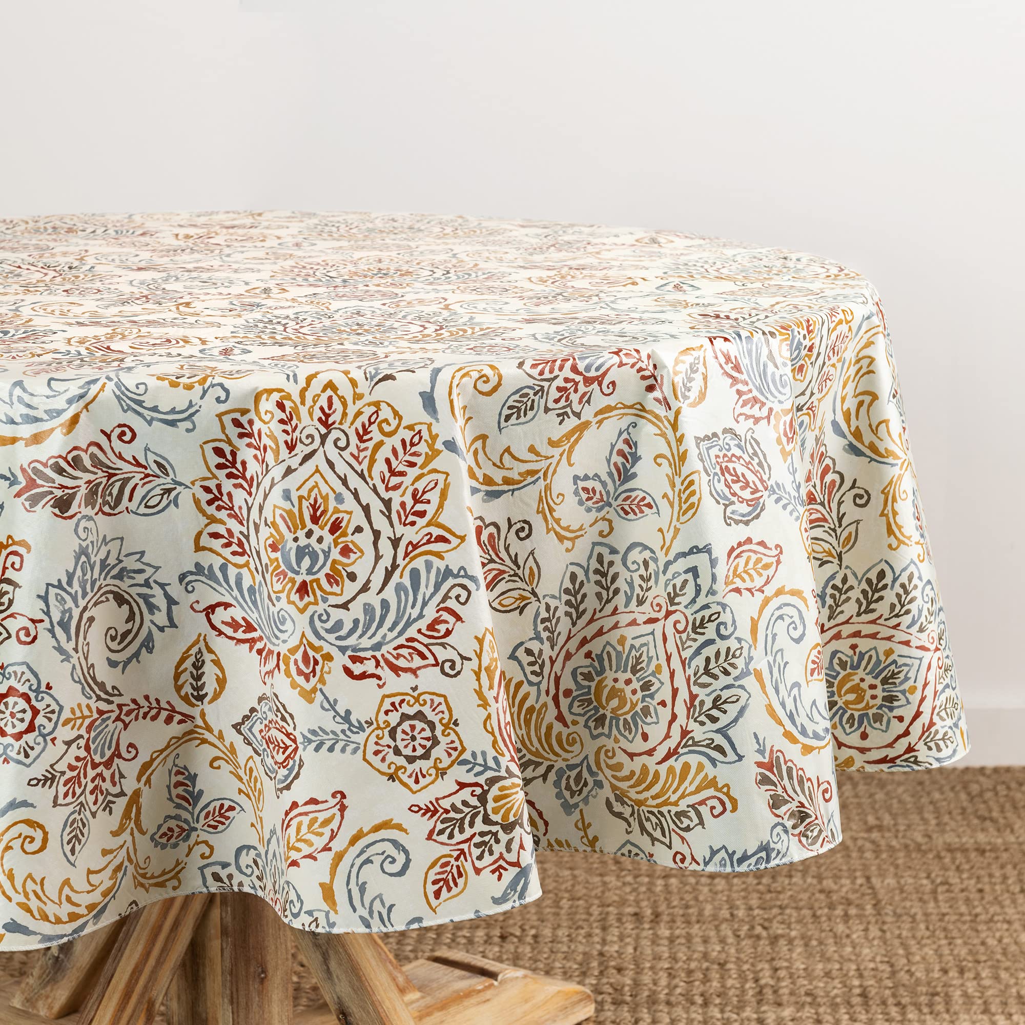 Elrene Home Fashions Ava Floral Jacobean Water- and Stain-Resistant Vinyl Tablecloth with Flannel Backing, 60 Inches X 84 Inches, Oval