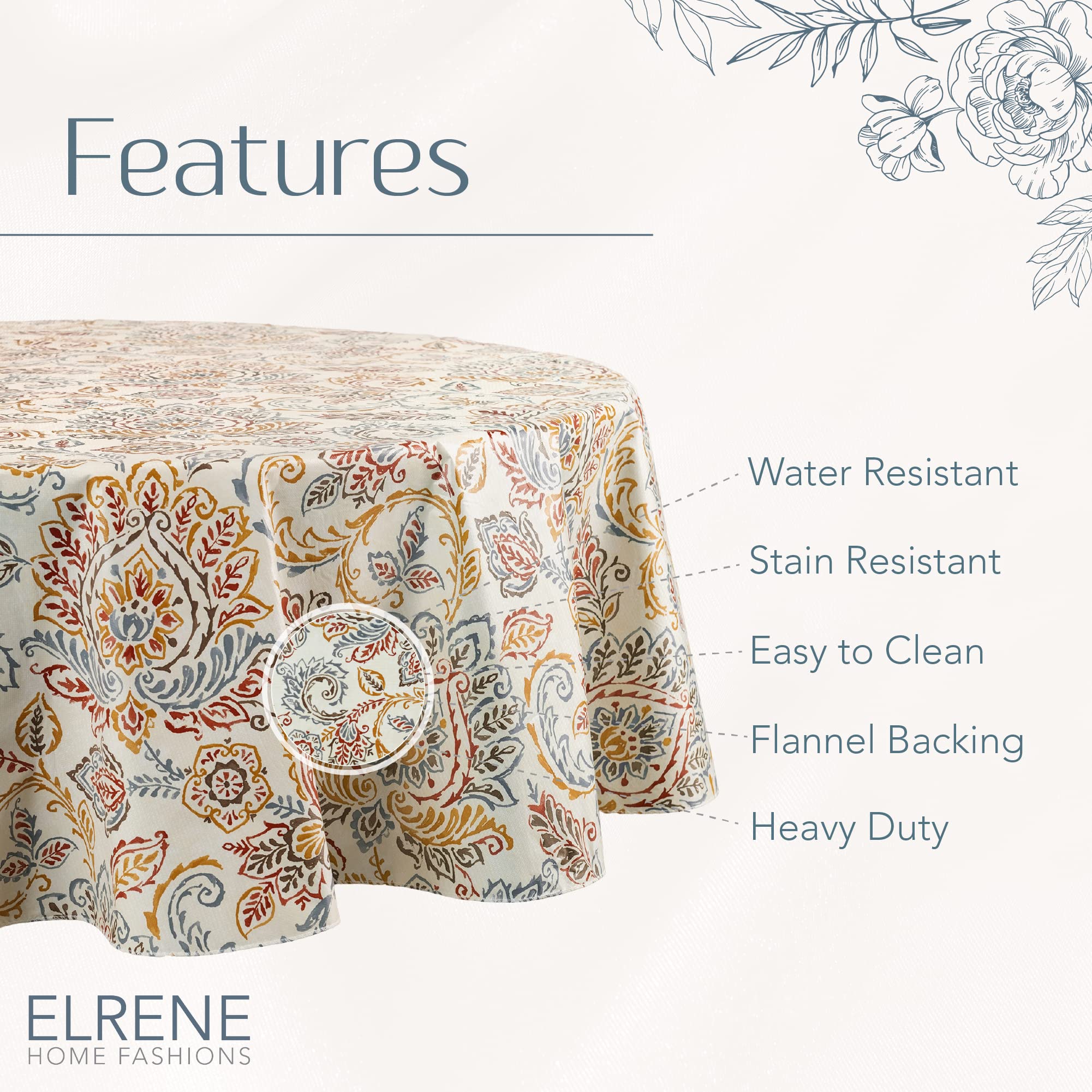 Elrene Home Fashions Ava Floral Jacobean Water- and Stain-Resistant Vinyl Tablecloth with Flannel Backing, 60 Inches X 84 Inches, Oval