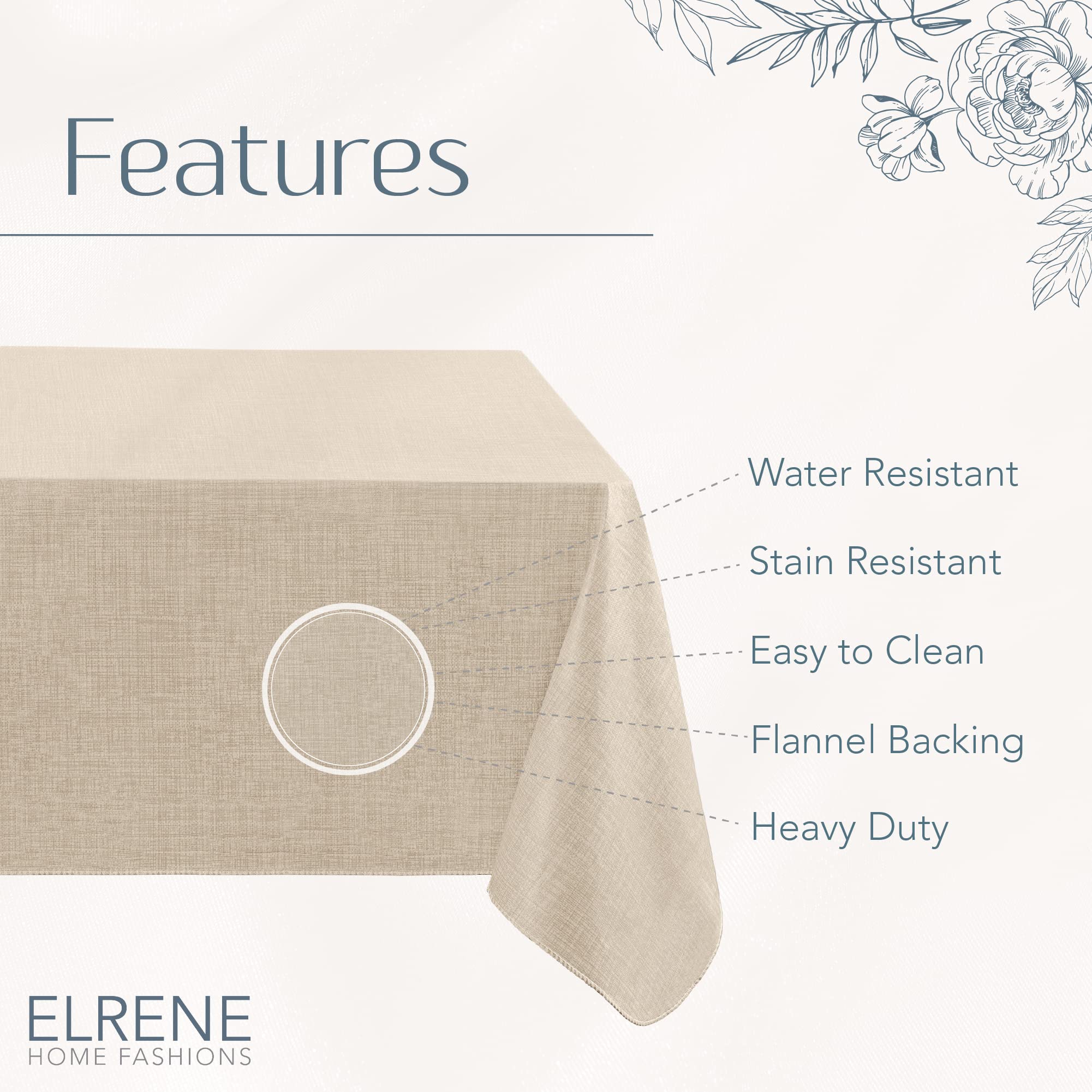 Elrene Home Fashions Monterey Linen Inspired Water- and Stain-Resistant Vinyl Tablecloth with Flannel Backing, 52 inches X 70 inches, Rectangle, Ivory