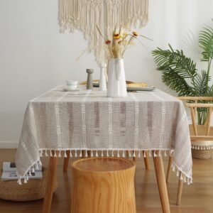 gernaice rustic stripe embroidered tablecloth heavy rectangle tassel cotton linen table cloth wrinkle free washable table cover for kitchen dinning party holiday brown 55x86 inch