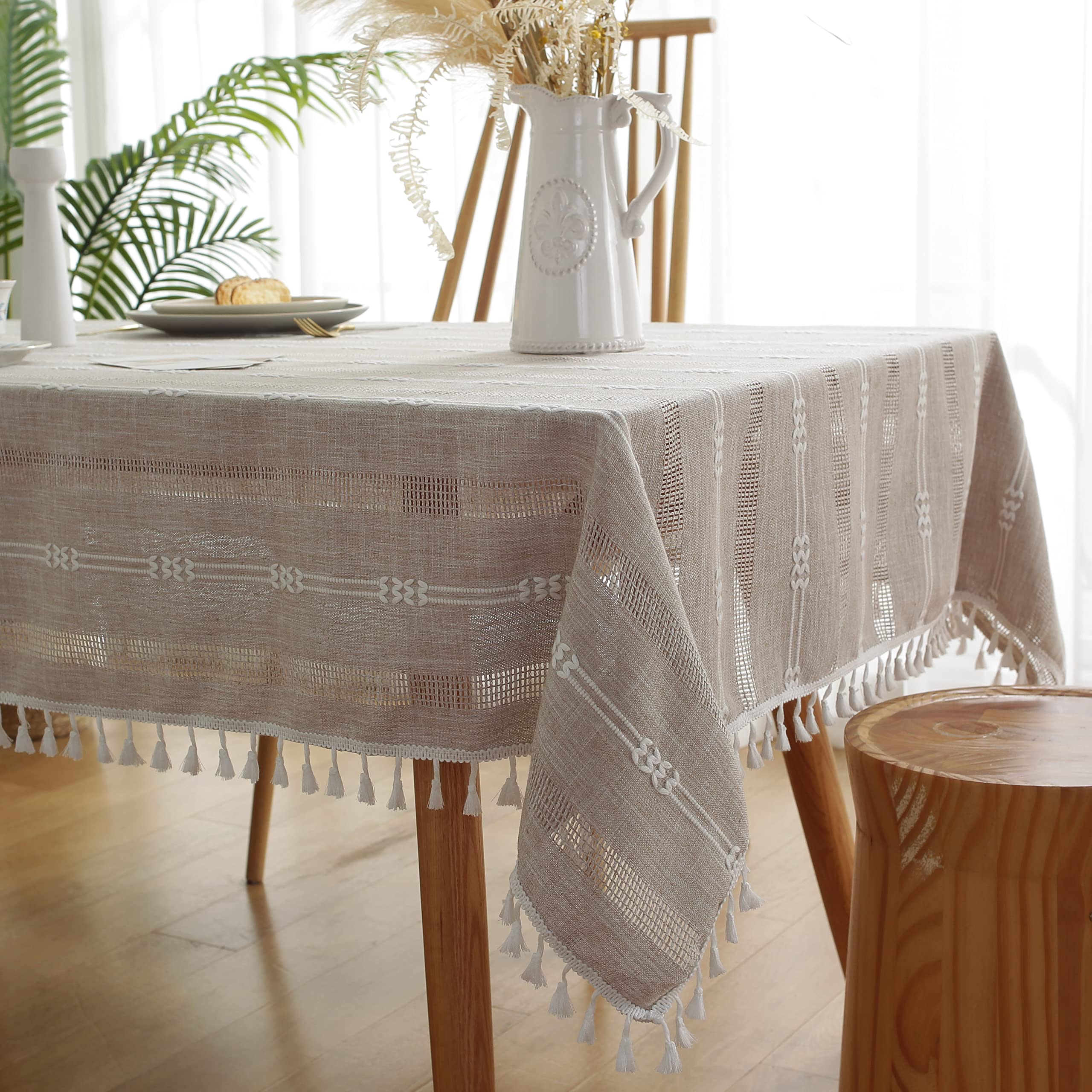 Gernaice Rustic Stripe Embroidered Tablecloth Heavy Rectangle Tassel Cotton Linen Table Cloth Wrinkle Free Washable Table Cover for Kitchen Dinning Party Holiday Brown 55x86 Inch